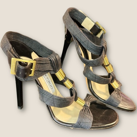Jimmy Choo Black Waxed Leather ‘Serena’ Brass Hardware Gladiator Heels Size 8.5 - Picture 8 of 16